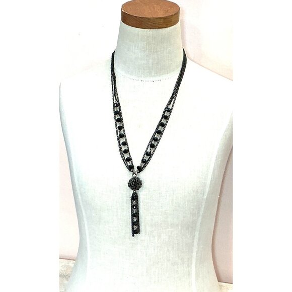 Black Multi-Strand Beaded Tassel Necklace With Rosette Pendant - Picture 5 of 6